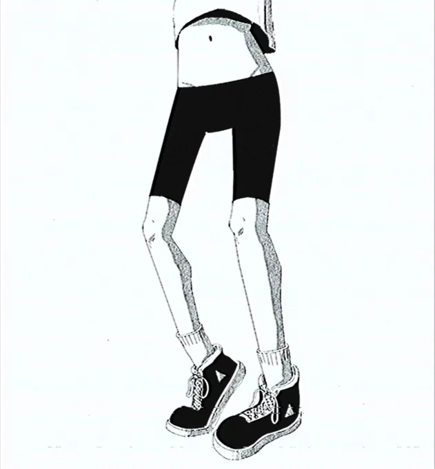 manga illustration of a person in sneakers and bike shorts, using screentone and heavy CRT style video editing