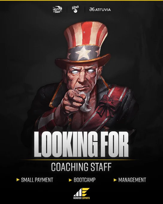 "Looking for Coaching Staff" Graphic by Münster Esports. In the middle of the graphic the League of Legends Skin "Uncle Ryze" can be seen pointing at the viewer. Beneath it are the phrases Looking For and  Coaching Staff in Big Letters. Underneath bullet points Small Payment, Bootcamp and Management can be seen.
At the top of the graphic the logos of the sponsors LanCampus, Liba and Atruvia can be seen, while at the bottom of the graphic the Logo of Münster Esports is placed.