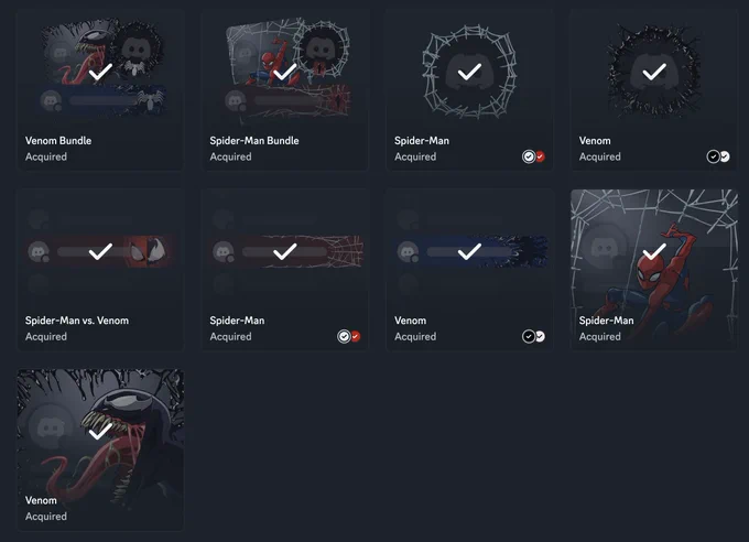A screenshot from the Discord shop showing the newly released Spider-Man VS Venom collection with a checkmark over every item and the text "Acquired" underneath the names of each item