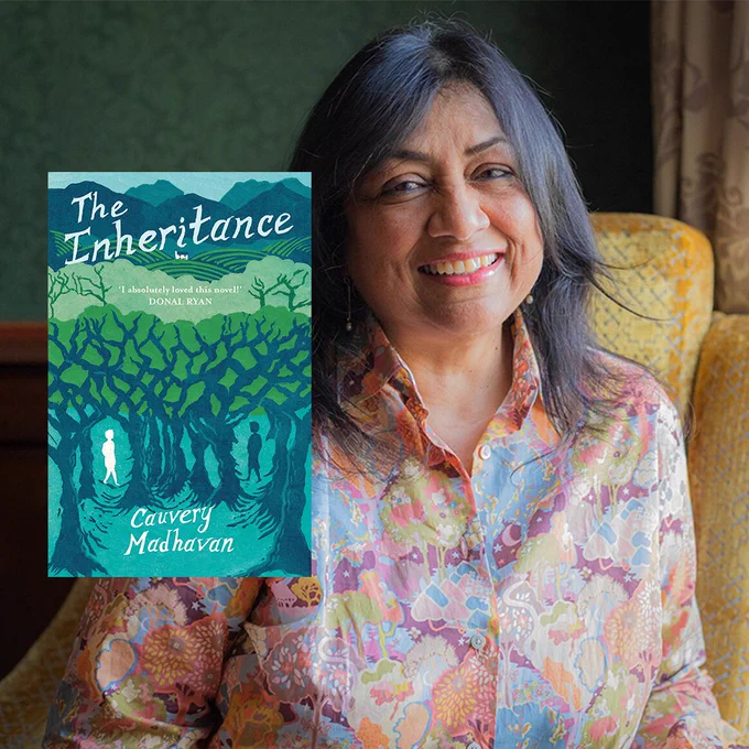 Cauvery Madhavan wears a pastel patterned blouse and smiles at the camera. An image of the cover of her book THE INHERITANCE is collaged with her image.