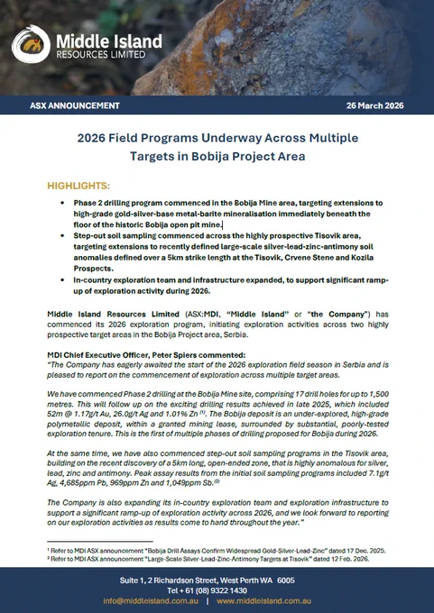 ASX: MDI | 2026 Field Programs Underway Across Multiple Targets in Bobija Project Area