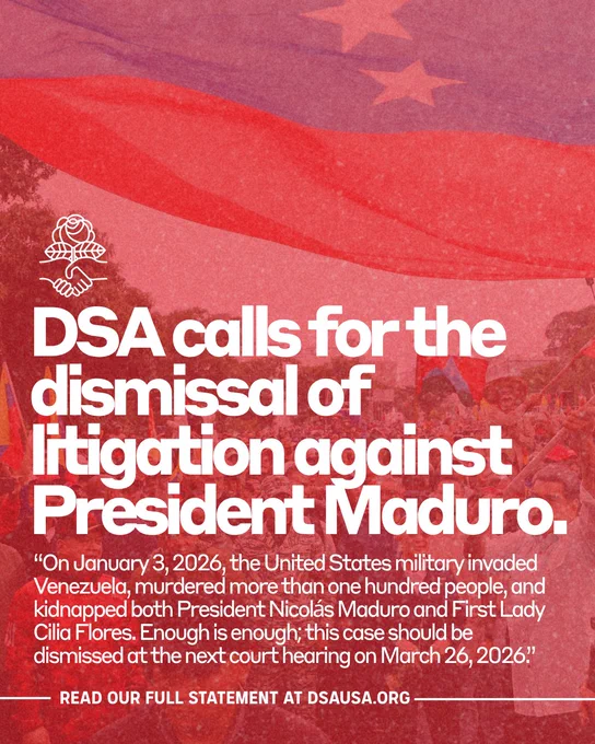 DSA graphic with a quote from their statement calling for the dismissal of litigation against President Maduro.