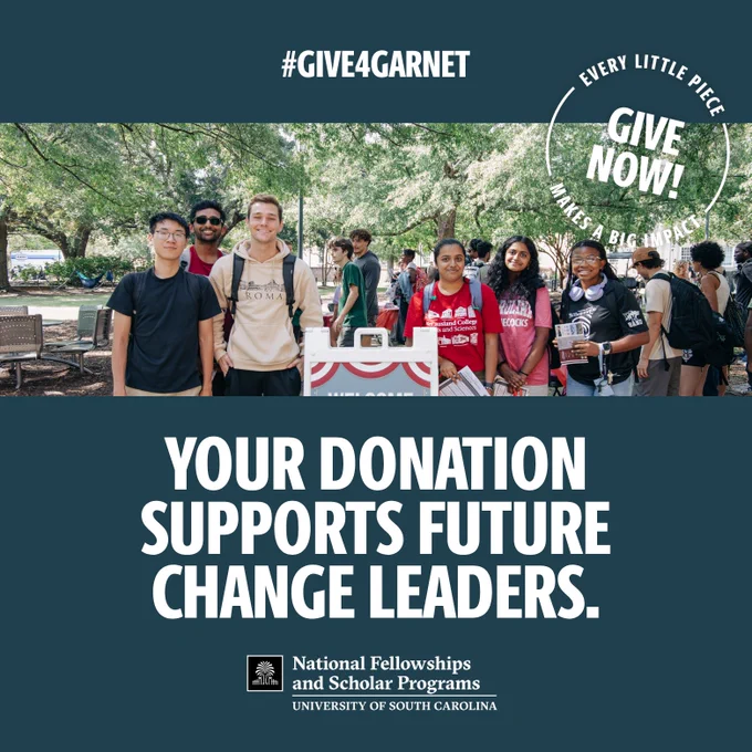 Students posing for a photo ouside, attending the Fellowships Fair on David Field. Top of graphic says: #Give4Garnet. Bottom of the graphic says: Your Donation Supports Future Change Leaders." The National Fellowships logo is at the bottom.