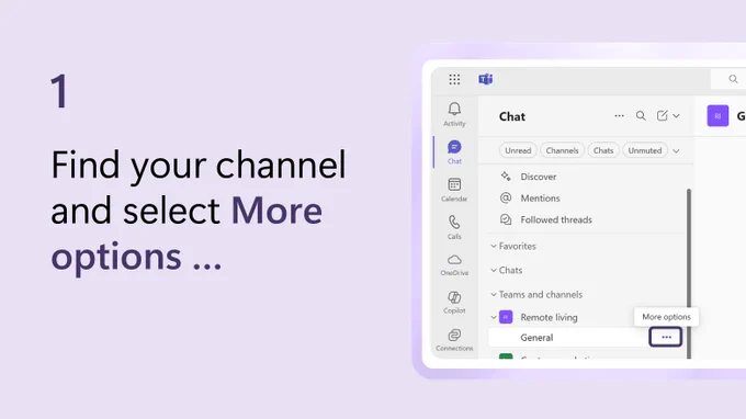Text beside a partial screenshot of Microsoft Teams says find your channel then select More options.