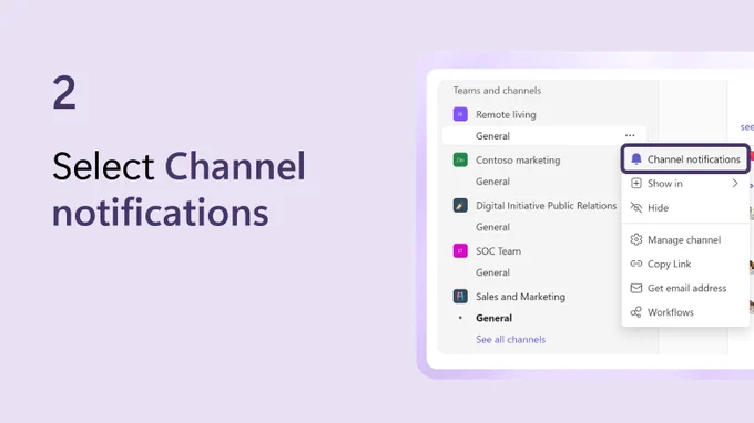 Text beside a partial screenshot of Microsoft Teams says select Channel notifications.