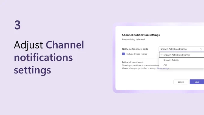 Text beside a partial screenshot of Microsoft Teams says adjust Channel notifications settings.
