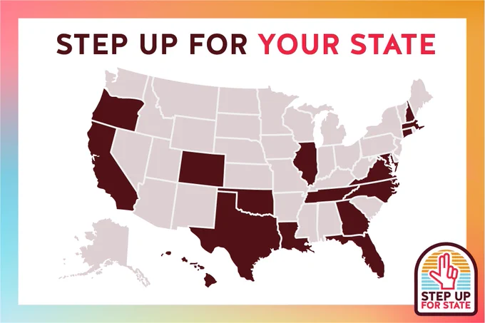 Step up for State branded graphic with text reading "step up for your state" and a map showing which states have donors that have donated to the campaign