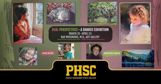 Banner advertising the new art exhibit at the PHSC Rao Musunuru M.D. Art Gallery, banner contains portrait paintings and landscape images from artists Diane Becker and Kim Ritchie Shields