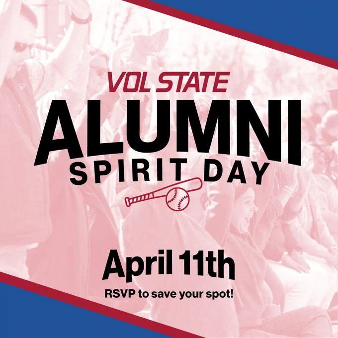 Graphic shows a background with cheering fans and the text, ‘Vol State Alumni Spirit Day. Aprill 11th. RSVP to save your spot!’