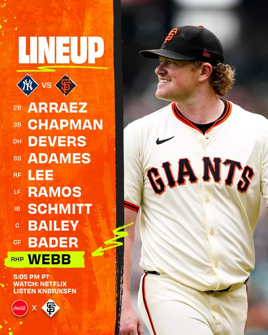 March 25 - SF vs. NYY

Luis Arraez -2B
Matt Chapman - 3B
Rafael Devers - DH 
Willy Adames - SS 
Jung Hoo Lee - RF
Heliot Ramos - LF 
Casey Schmitt - 1B
Patrick Bailey - C
Harrison Bader - CF

RHP Logan Webb

5:05 pm PT
Watch: Netflix
Listen: KNBR/KSFN