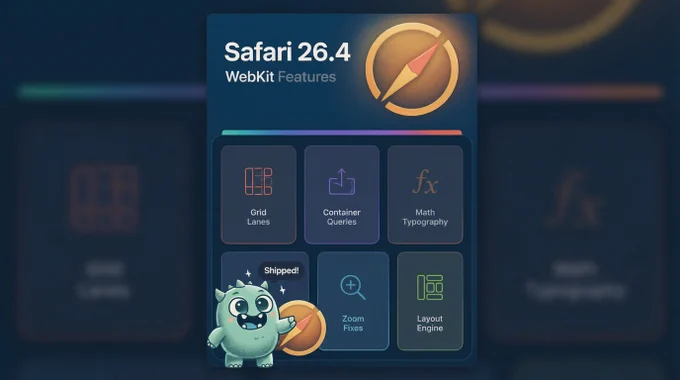 An infographics showcasing WebKit Features in Safari 26.4 — Grid Lanes, Container Qureies, Math Typography, Zoom Fixes, Layout Engine.
