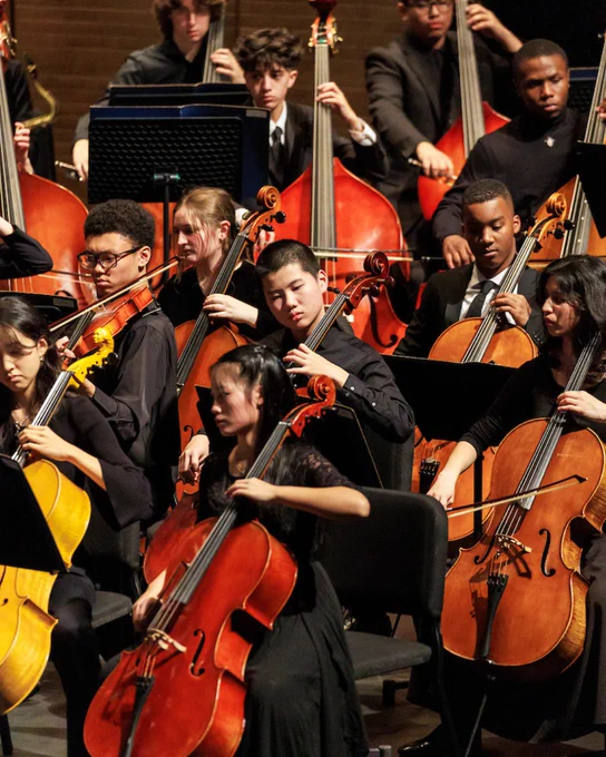 A symphony orchestra performing, featuring musicians playing cellos and double basses. The performers are dressed in formal black attire, concentrating on their instruments as part of a larger ensemble.