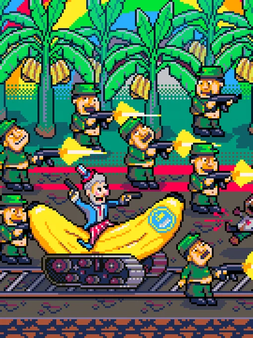 Ilustración en pixel art de una plantación bananera con militares disparando mientras trabajadores huyen. Un vehículo en forma de banana conducido por un payaso con la ropa del tio Sam avanza entre el caos.