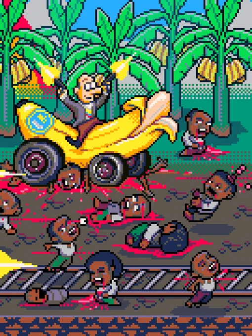 Ilustración en pixel art de una escena violenta en una plantación bananera, con trabajadores heridos o en el suelo, sangre visible y un vehículo con forma de banana conducido por Miguel Abadía Méndez pasando entre ellos.