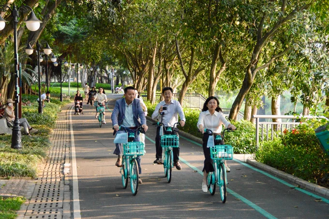 A group of people in casual business attire ride green shared bicycles along dedicated cycling infrastructure through a linear park lined with trees, water, and flowers, in Shenzhen, China.