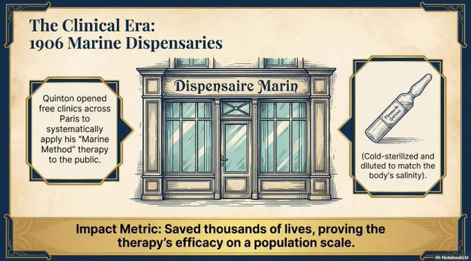 **The Sea Within: René Quinton's Marine Therapy Blueprint**, "The Clinical Era: 1906 Marine Dispensaries".
Impact metric: Saved thousands of lives, proving the therapy's efficacy on a population scale.
