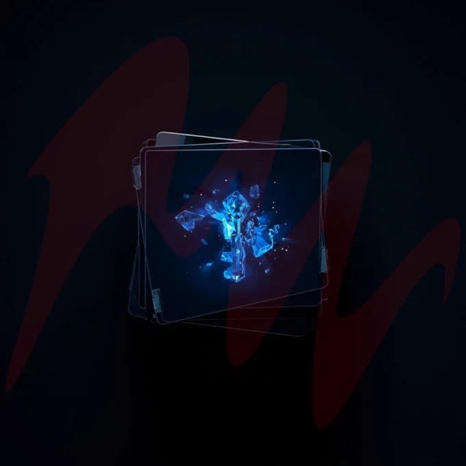 A minimalist top-down shot of a glowing blue crystal key sitting on a stack of digital tablets. The environment is dark and feels like a high-security vault. Sharp focus, professional, sterile but high-tech.