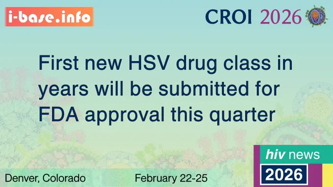 Colourful i-Base graphic. The main text reads: First new HSV drug class in years will be submitted for FDA approval this quarter. In the top left is i-Base’s website address: I hyphen base dot info. A smaller rectangle in the bottom right, reads: HIV news. 2026. CROI 2026, is in the top right corner with CROI’s logo, a colourful illustration of the HIV virus. At the bottom, text reads, Denver, Colorado. February 22nd to 25th. Large colourful virus illustrations are faintly seen in the background of the image. The colours used in the image are pale blue, pale green, orange, dark blue, purple, turquoise, yellow, white, pink, green and black.