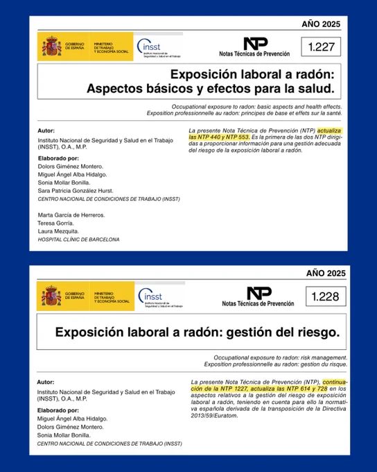 Portadas de las Notas Técnicas de Prevención números 1.227 y 1.228 sobre exposición laboral al radón: aspectos básicos y gestión del riesgo.