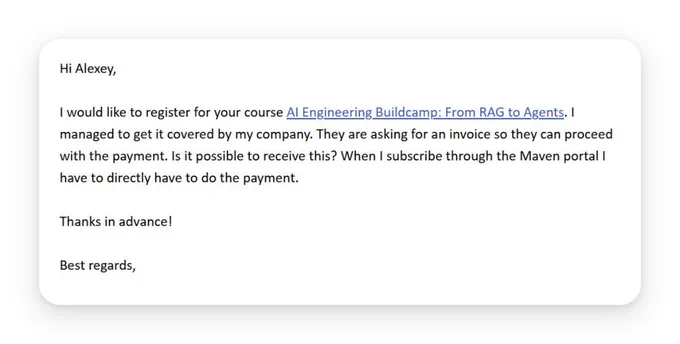 A request email to register for an AI Engineering Buildcamp, seeking invoice details for company payment approval.