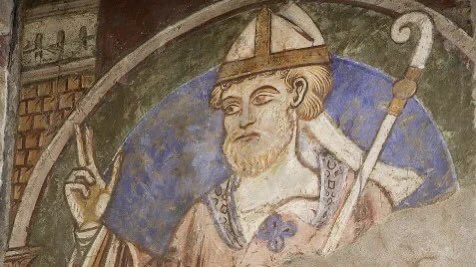 A 12th-century wall painting of Cuthbert depicted as a bishop of that time at Durham Cathedral.