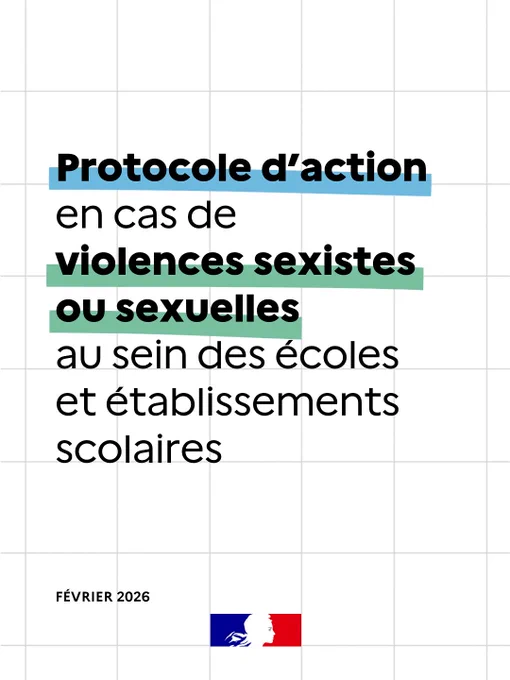 Visuel de couverture du protocole d'action en cas de violences sexistes et sexuelles au sein des écoles et des établissements - février 2026