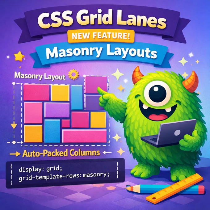 A stylized, AI-generated graphic showcasing a cute monster pointing at a masonry layout with the title "CSS Grid Lanes" and code example "grid-template-rows: masonry;".