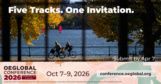 Charles River on MIT campus_Photo by Gretchen Ertl, usage courtesy of the photographer. Original album "Fall around MIT (November 2024)" from MIT Media Library on Flickr. Copyright Gretchen Ertl. Below the photograph is the maroon 2026 OEGlobal conference Logo for OEGlobal Conference 2026 with the text Cambridge, MA, & Online, Oct 7-9, 2026, and the conference website: https://conference.oeglobal.org against an artistic rendering of a map in salmon and cyan, created by Mario Badilla at OEGlobal. 