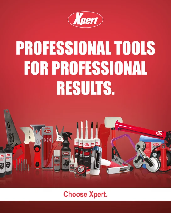A collection of Xpert brand professional tools displayed against a red background with the slogan 'Professional tools for professional results.'