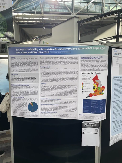 Photo of a large A0 sized poster on a poster board. The poster is named "Structural Invisibility in Dissociative Disorder Provision: National FOI Mapping of NHS Trusts and ICBs 2020-2025."
