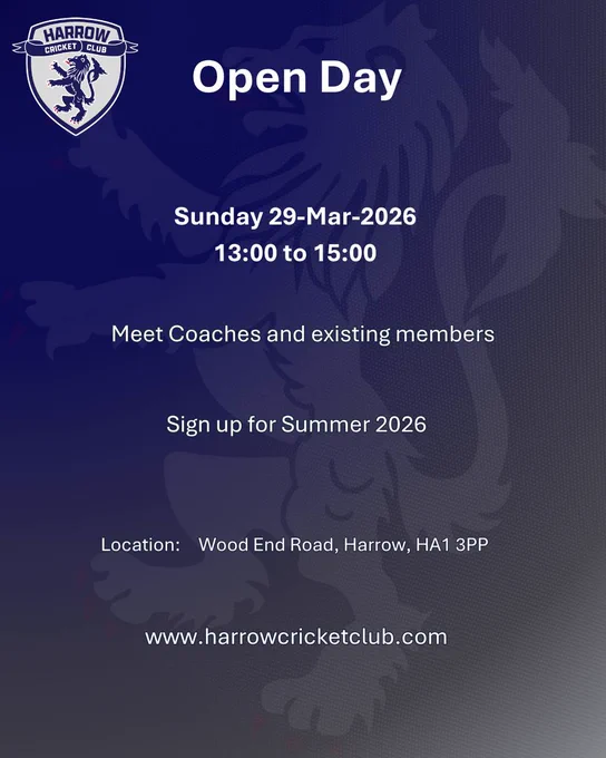 Looking for a great local sports club to join this summer?  Harrow Cricket Club is opening its doors on Sunday, March 29th. We’d love to welcome you to our Open Day from 1:00 PM to 3:00 PM at Wood End Road. It's a great opportunity to meet the coaches, get to know our existing members, and sign up for Summer 2026. 