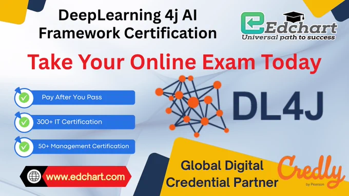It visually communicates the concept of DL4J certification and its relevance in modern artificial intelligence development, where scalable AI systems are built using distributed computing frameworks. The design reflects key industry themes such as AI automation, machine learning workflows, and real-time data processing. It also emphasizes the certification process, where professionals can validate their skills through a single exam without mandatory training, making it a fast and efficient pathway to career advancement. The inclusion of global credential recognition through Credly reinforces the authenticity and professional value of the certification. Overall, the image conveys innovation, technical expertise, and career growth opportunities in the field of AI and deep learning.