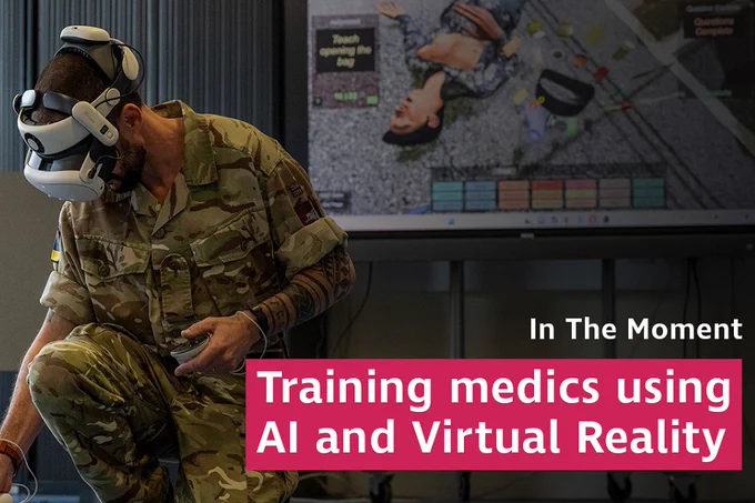 Soldier in camouflage uniform uses VR headset for medical training with AI simulation displayed on screen behind.