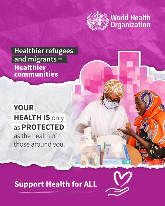 Healthcare worker administering medicine to a woman in colorful attire, promoting health protection for refugees and migrants.