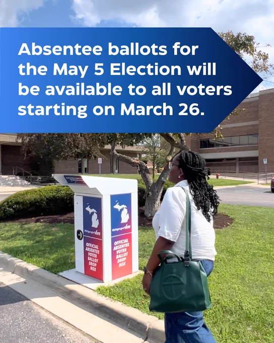Graphic with an image of a woman walking by an absentee ballot drop box. Text on graphic reads, "Absentee ballots for the May 5 Election will be available to all voters starting on March 26.”
