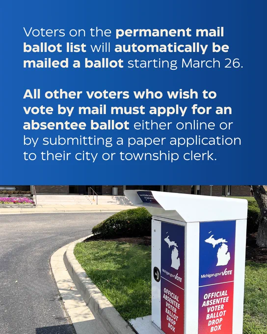Picture of a drop box at the bottom of graphic, text on top of graphic reads, "Voters on the permanent mail ballot list will automatically be mailed a ballot starting March 26. All other voters who wish to vote by mail must apply for an absentee ballot either online or by submitting a paper application to their city or township clerk."
