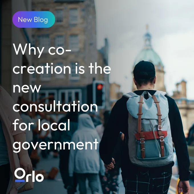 New Blog. Why co-creation is the new consultation for local government. Image of a man walking through a busy street wearing a backpack.