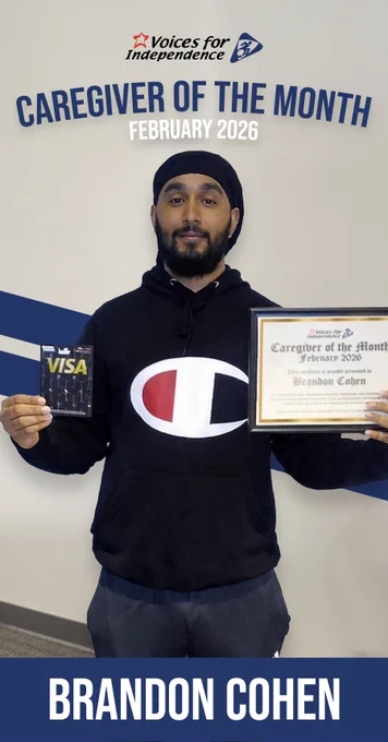 This is a photo of caregiver Brandon Cohen, VFI (Washington Region) Caregiver of the Month for February 2026, holding a framed certificate of recognition and a Visa gift card. The VFI logo and "Caregiver of the Month" appears at top, along with the caregiver's name in white, atop a blue footer bar at bottom.