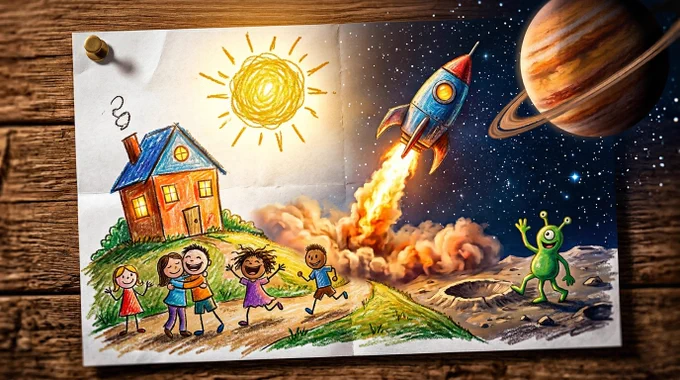 Epic 3D scene: a child's crayon drawing pinned to a surface, its naive lines erupting into the world the child actually imagined. The wobbly house becomes a real house with warm light in its windows. The yellow scribble sun becomes an actual sun casting golden hour light across the scene. Stick figures become living people mid-laugh, mid-run, mid-hug — their proportions still slightly wrong, beautifully wrong. A crayon rocket ship with wobbly fins and a squiggly exhaust plume becomes a real spacecraft mid-launch, the exhaust plume a column of real fire and steam following the exact squiggle the child drew. A crayon planet with rings becomes a real gas giant hanging in the scene, its rings at the slightly wrong angle a child would draw them, its colours exactly the orange and brown of the crayon used. A green crayon alien with three legs breathes and moves at the page edge, waving from a crater, its three legs working out their own way of walking. Crayon wax texture visible on [...]