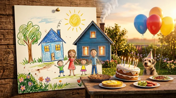 Epic 3D scene: a child's crayon drawing pinned to a surface, its naive lines erupting into the world the child actually imagined. The wobbly house becomes a real house with warm light in its windows. The yellow scribble sun becomes an actual sun casting golden hour light across the scene. Stick figures become living people mid-laugh, mid-run, mid-hug — their proportions still slightly wrong, beautifully wrong. A crayon birthday party scene with a lopsided cake and balloons on strings becomes a real outdoor celebration, the cake real and frosted but with that exact lopsided lean, the balloons real latex spheres floating on the exact string lengths drawn, the candles real flames. A crayon table covered in scribbled food becomes a real table with real dishes, each dish whatever the scribble most resembled — a brown oval becomes a pie, a yellow circle becomes a lemon tart. A crayon dog with a party hat breathes and moves at the page edge, hat slightly too large, sitting politely [...]