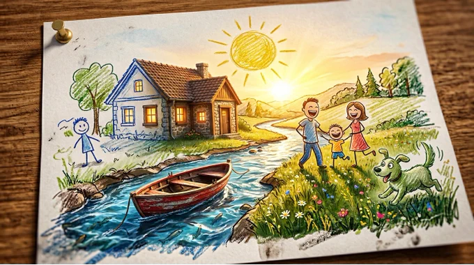 Epic 3D scene: a child's crayon drawing pinned to a surface, its naive lines erupting into the world the child actually imagined. The wobbly house becomes a real house with warm light in its windows. The yellow scribble sun becomes an actual sun casting golden hour light across the scene. Stick figures become living people mid-laugh, mid-run, mid-hug — their proportions still slightly wrong, beautifully wrong. A crayon blue river rises from its wobbly outline into rushing cold water catching afternoon light, fish visible beneath the surface, the banks exactly as uneven as the child drew them. A red crayon boat becomes a real wooden rowing boat with peeling paint and a rope trailing, floating perfectly on the impossible river. A green crayon dog breathes and moves at the page edge, tail wagging at the exact rhythm the scribbled tail implied, ears slightly too large, eyes slightly too far apart, perfect. Crayon wax texture visible on flat parts. Where the child pressed hardest the [...]