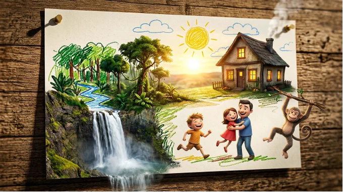 Epic 3D scene: a child's crayon drawing pinned to a surface, its naive lines erupting into the world the child actually imagined. The wobbly house becomes a real house with warm light in its windows. The yellow scribble sun becomes an actual sun casting golden hour light across the scene. Stick figures become living people mid-laugh, mid-run, mid-hug — their proportions still slightly wrong, beautifully wrong. A crayon jungle with overlapping green scribbles becomes a real dense forest canopy, each scribble a real tree finding its own way to be what the crayon suggested, the colours exactly jungle-crayon-green. A crayon waterfall drawn as a blue vertical zigzag becomes a real waterfall following that exact zigzag path down its rocky face, the mist at the base real and cold. A brown crayon monkey breathes and moves at the page edge, swinging from the last drawn branch, its arms slightly too long, its smile slightly too wide, absolutely alive. Crayon wax texture visible on flat [...]