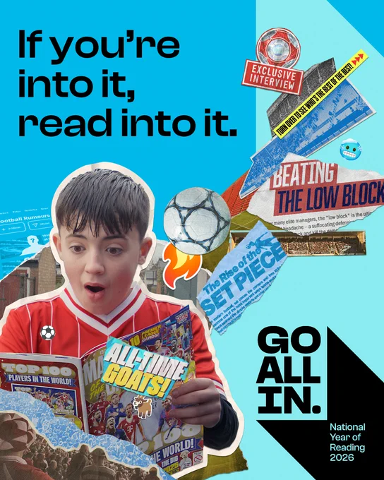 A boy in a red football jersey reads a magazine with excitement. Text: "If you're into it, read into it" and "GO ALL IN". Energetic and engaging sports theme for National Year of Reading 2026.
