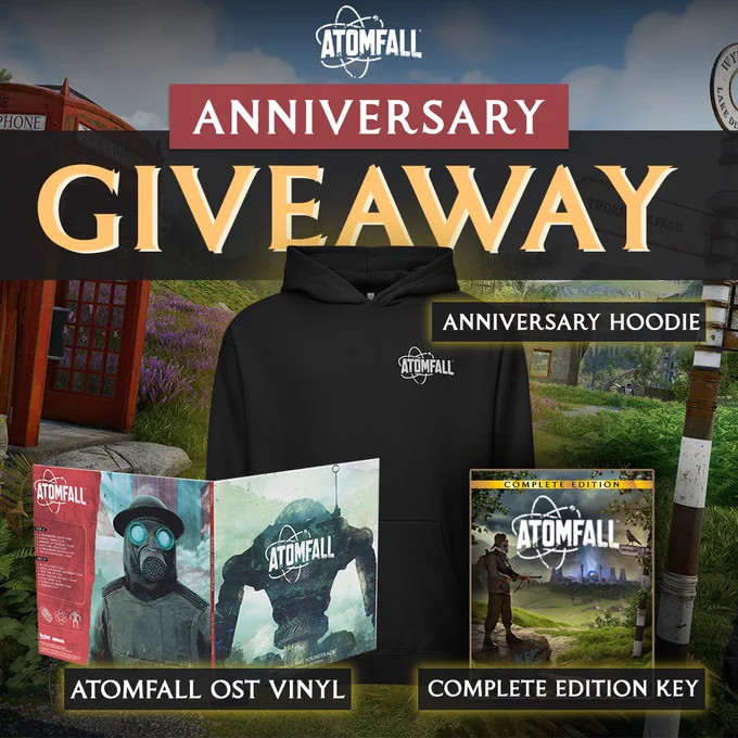 Atomfall Anniversary giveaway asset featuring a hoodie, viynl and copy of the game Atomfall
