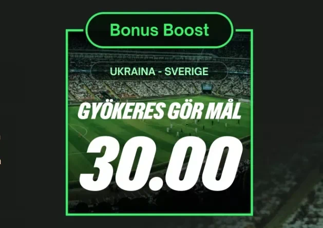 Oddsboost hos Comeon -> 30 ggr pengarna på att Gyökeres gör mål i matchen mot Ukriana den 26 mars 2026.