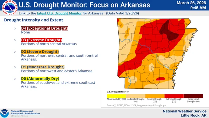 The latest drought monitor as of March 26, 2026 showing worsening drought conditions statewide. 