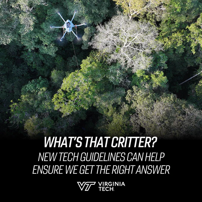A drone slowly lowers a water sampler through the rainforest canopy to collect environmental DNA during the 2024 XPRIZE games. Text reads "What’s that critter? New tech guidelines can help ensure we get the right answer."