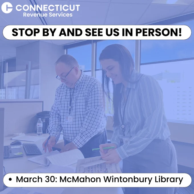 Two DRS employees reviewing documents together in an office with text promoting an upcoming in-person visit at McMahon Wintonbury Library in Bloomfield on March 30.