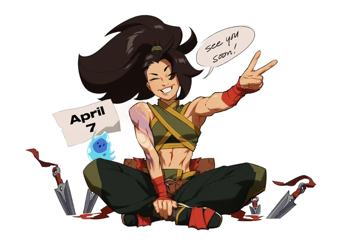 Akali sits crossed legged, smilling and throwing a peace sign with one of her hands. Beside her there is a sign that reads "April 7"