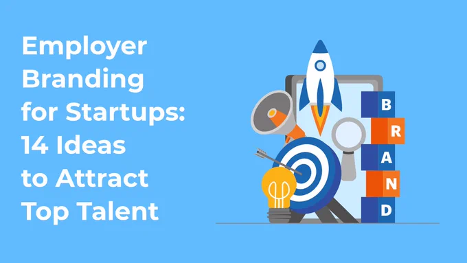 Employer branding graphic with rocket, target, megaphone and text about attracting top talent for startups.